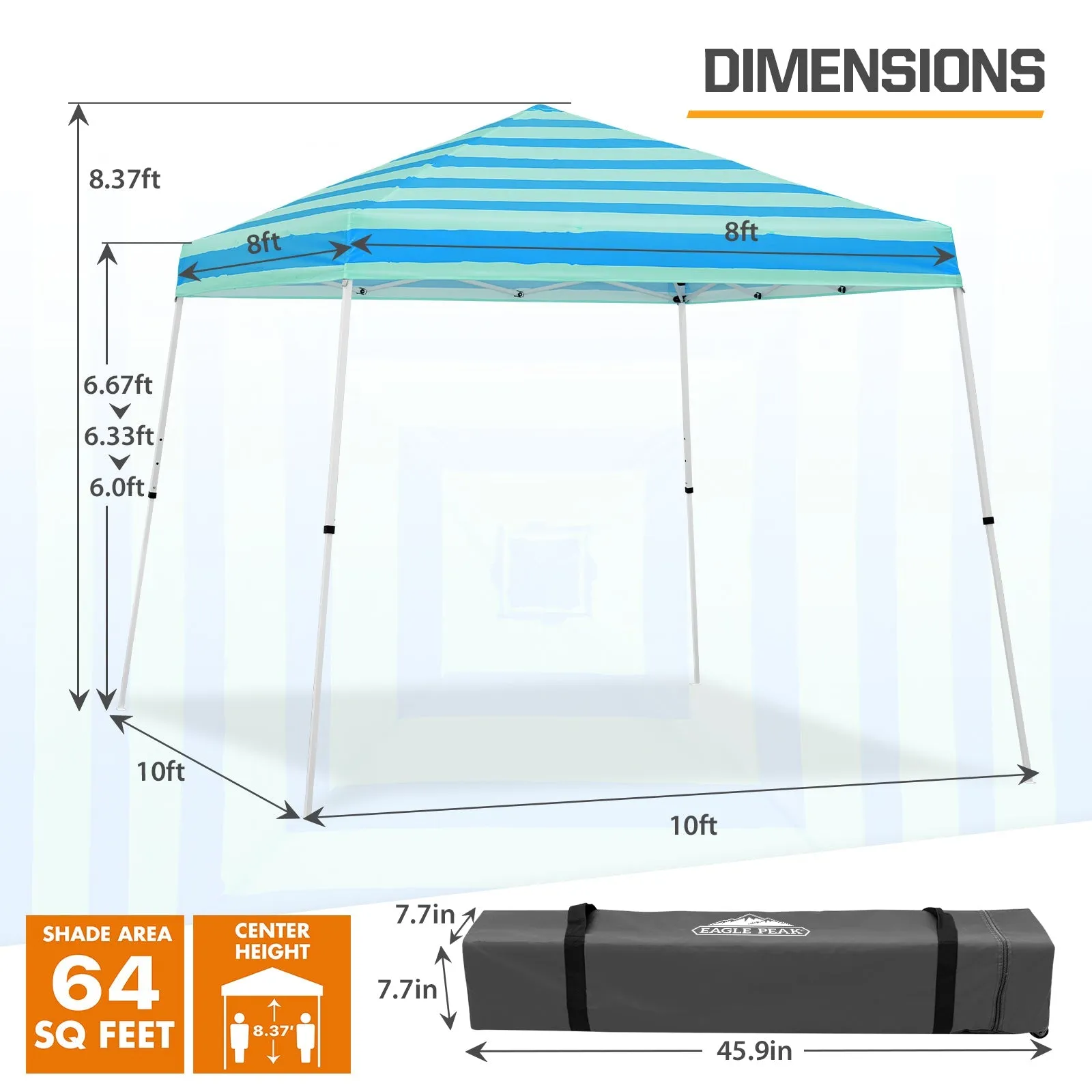 10x10 Slant Leg Pop-up Canopy Tent, 10x10 Base 8x8 Top (Green Blue Stripe)
