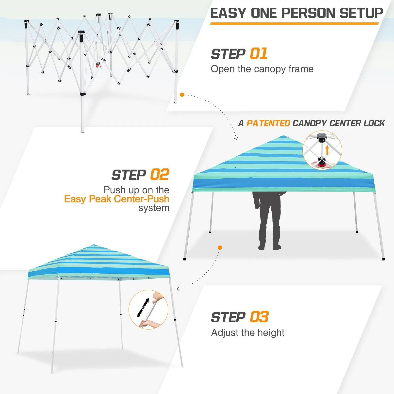 10x10 Slant Leg Pop-up Canopy Tent, 10x10 Base 8x8 Top (Green Blue Stripe)