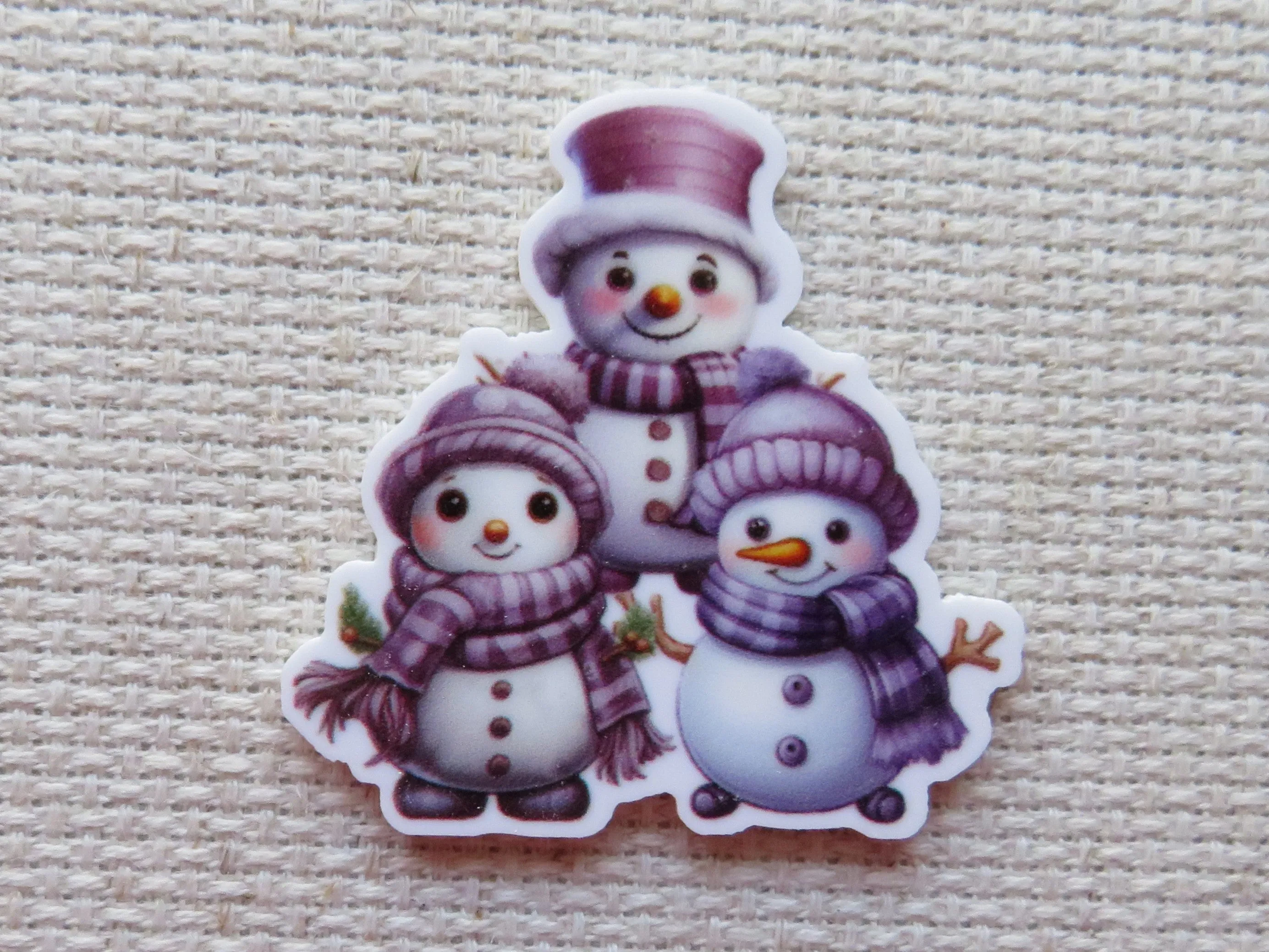 A Trio of Purple Snowmen Needle Minder, Cover Minder, Magnet