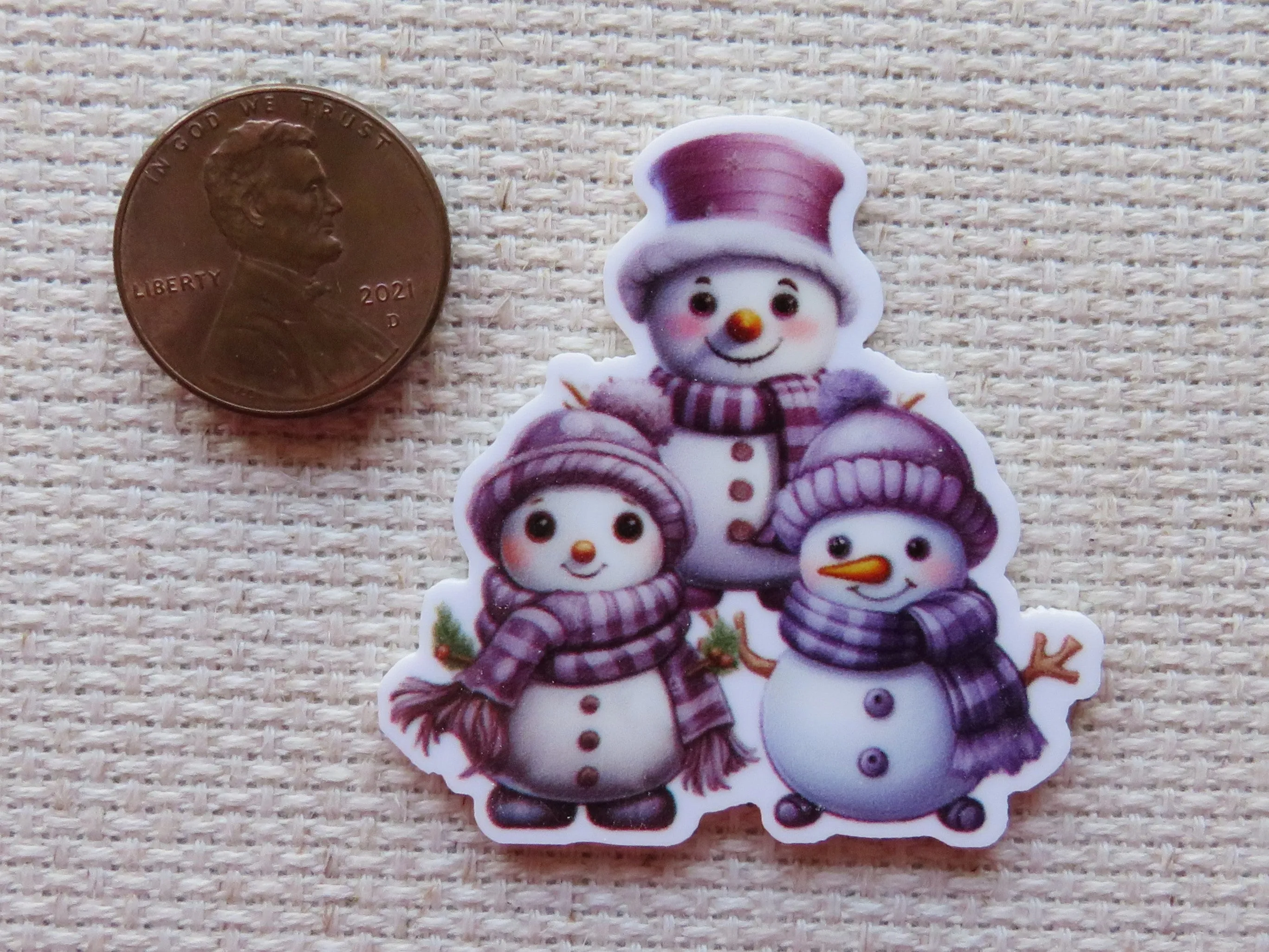 A Trio of Purple Snowmen Needle Minder, Cover Minder, Magnet