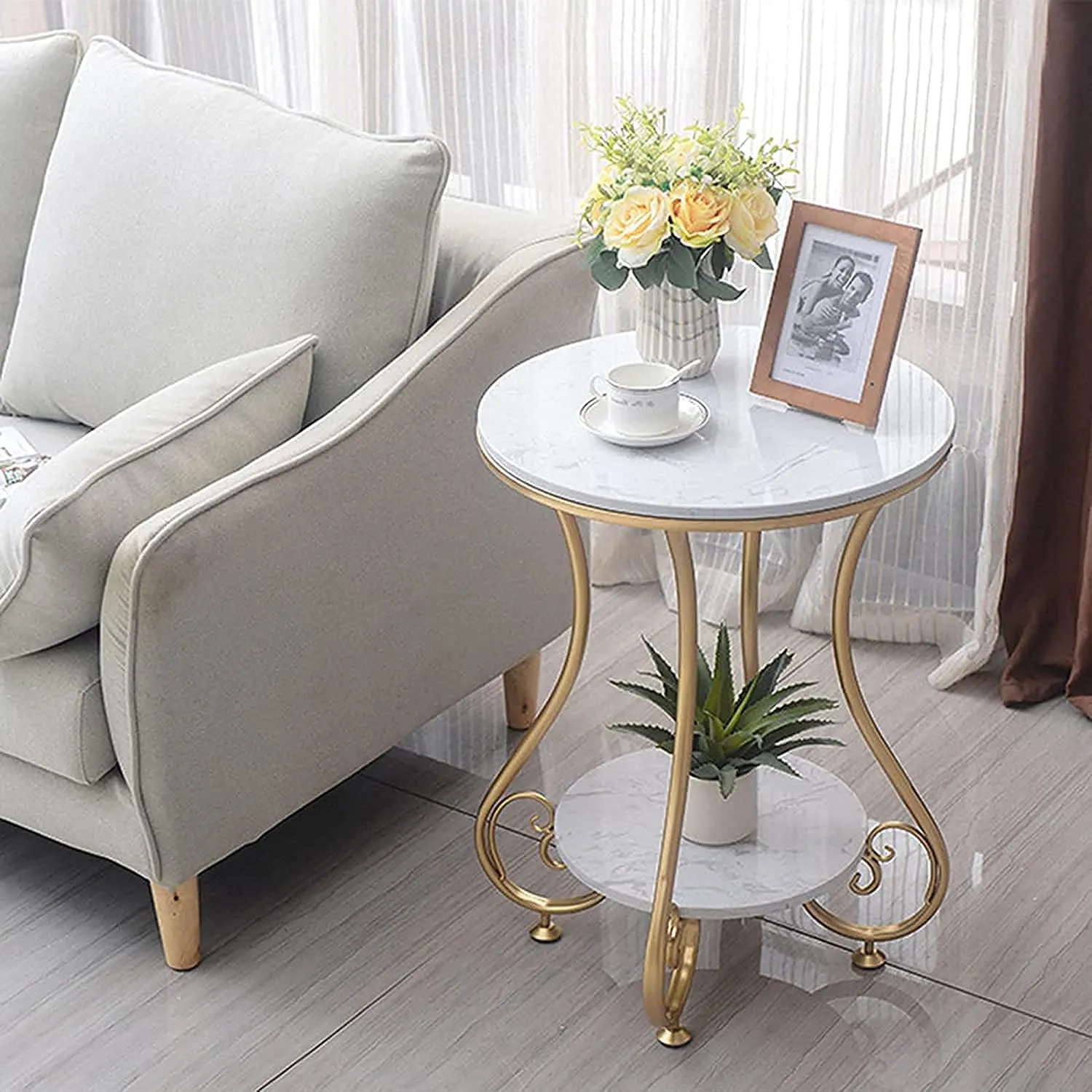 CREATIVE SKILLS Round End Table, Industrial Retro Round Side & End Table for Small Spaces, Coffee Snack Table for for Living Room, Golden&White[ Pack of 1]