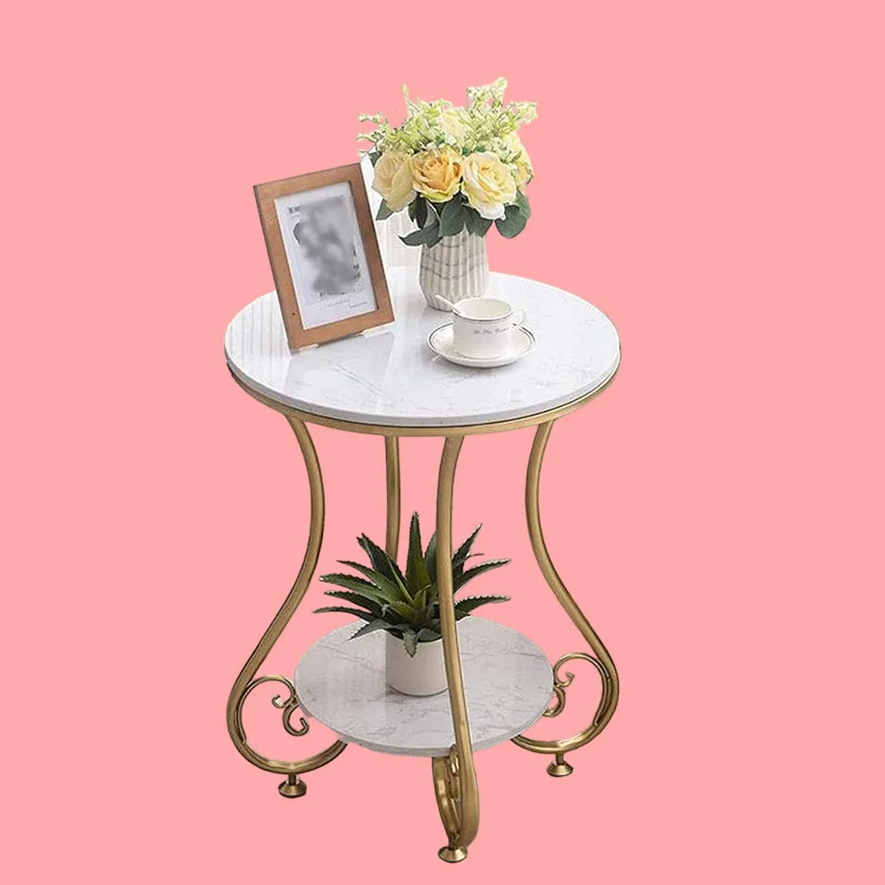CREATIVE SKILLS Round End Table, Industrial Retro Round Side & End Table for Small Spaces, Coffee Snack Table for for Living Room, Golden&White[ Pack of 1]