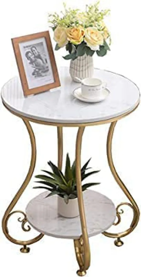 CREATIVE SKILLS Round End Table, Industrial Retro Round Side & End Table for Small Spaces, Coffee Snack Table for for Living Room, Golden&White[ Pack of 1]