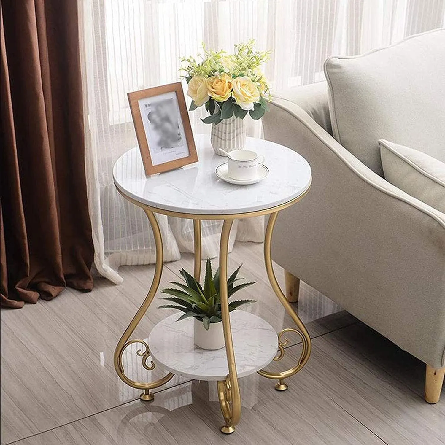 CREATIVE SKILLS Round End Table, Industrial Retro Round Side & End Table for Small Spaces, Coffee Snack Table for for Living Room, Golden&White[ Pack of 1]