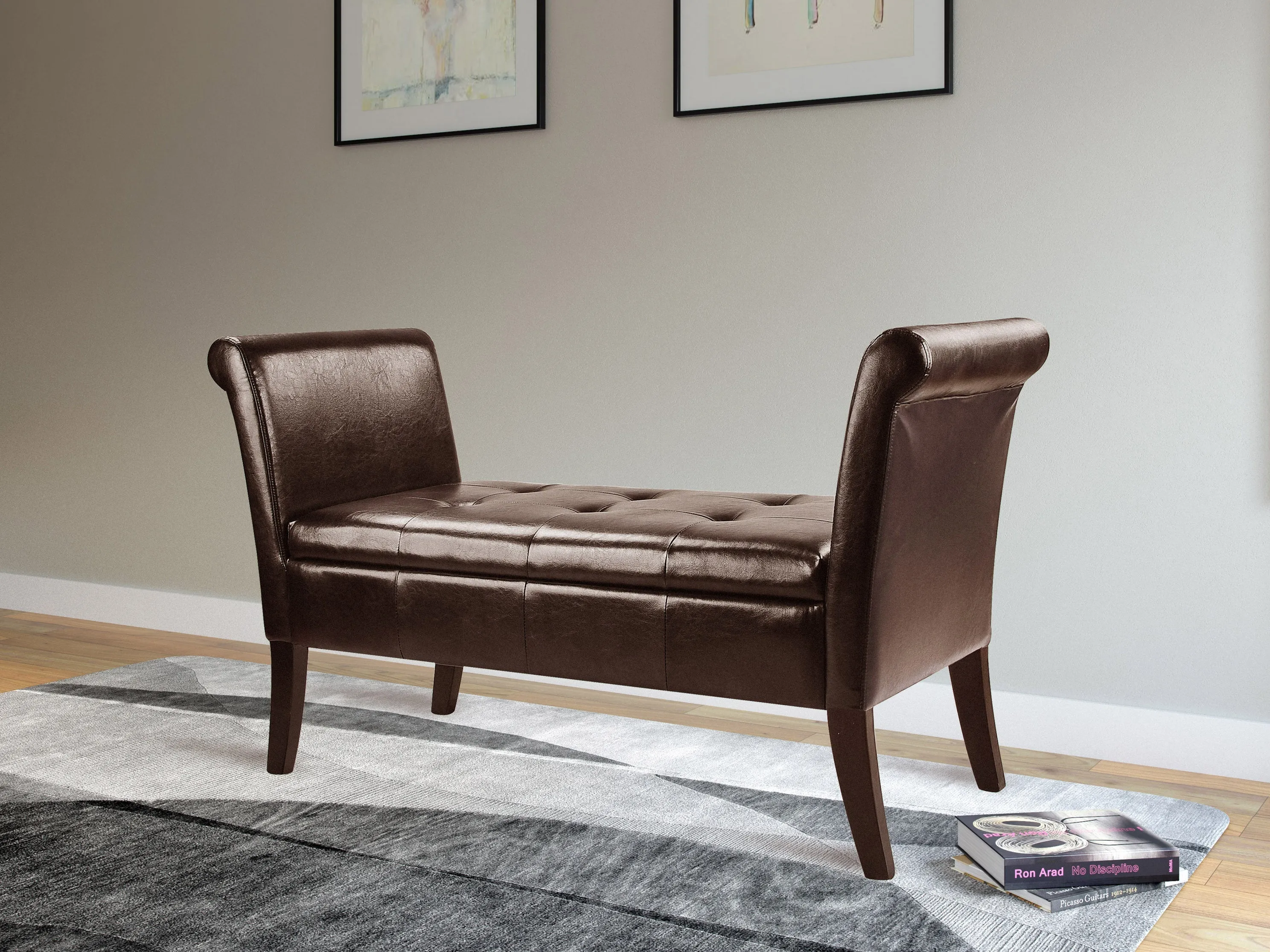 Dark Brown Storage Bench with Arms