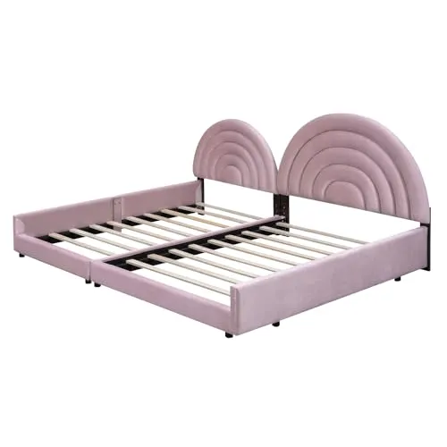 Double Bed Frame for Kids, Twin Size and Full Size Low Upholstered Beds Set, Velvet Two Princess Platform Beds with Semicircular Headboard for 2 Girls Boys Teens, Pink