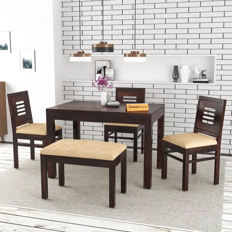 Dream Look Furniture Solid Sheesham Wood Dining Room Sets 4 Seater Dining Table with 3 Cushions Chairs & 1 Bench for Dining Room, Living Room, Restaurant, Cafeteria (Standard, Walnut Finish)