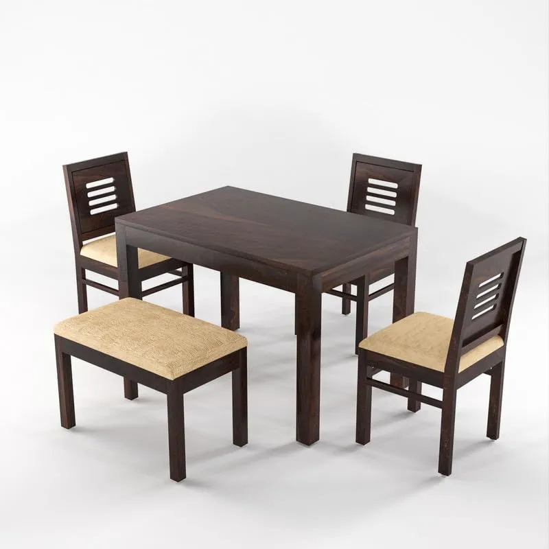 Dream Look Furniture Solid Sheesham Wood Dining Room Sets 4 Seater Dining Table with 3 Cushions Chairs & 1 Bench for Dining Room, Living Room, Restaurant, Cafeteria (Standard, Walnut Finish)