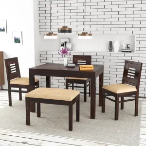 Dream Look Furniture Solid Sheesham Wood Dining Room Sets 4 Seater Dining Table with 3 Cushions Chairs & 1 Bench for Dining Room, Living Room, Restaurant, Cafeteria (Standard, Walnut Finish)
