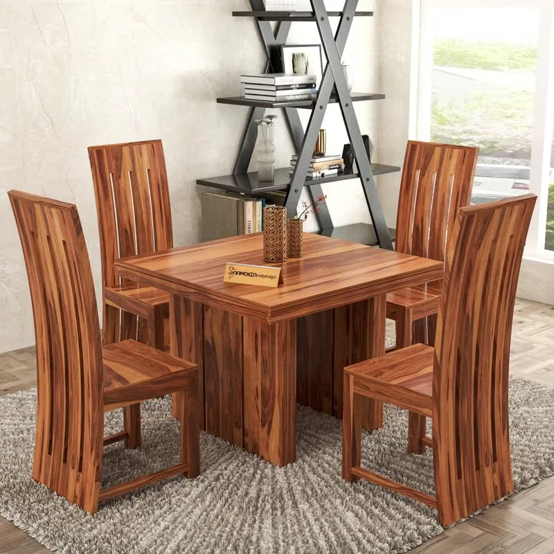 Dream Look Furniture Solid Sheesham Wood Dining Room Sets 4 Seater Poster Dining Table with 4 Chairs for Dining Room, Living Room, Kitchen, Hotel, Restaurant, Cafeteria (Standard, Honey Finish)