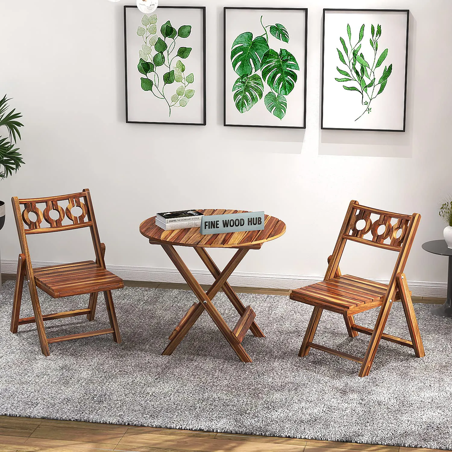 Fine Wood HUB Solid Sheesham Wood Wooden Folding Round Patio Dining Table | Dinning Table for Dining Room Outdoor Balcony | Study Table Coffee Table (Honey Finish) (Large)