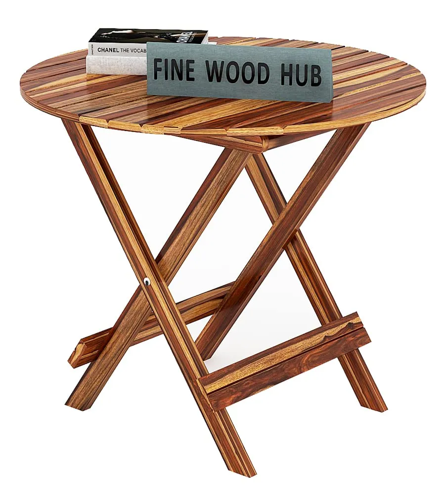 Fine Wood HUB Solid Sheesham Wood Wooden Folding Round Patio Dining Table | Dinning Table for Dining Room Outdoor Balcony | Study Table Coffee Table (Honey Finish) (Large)
