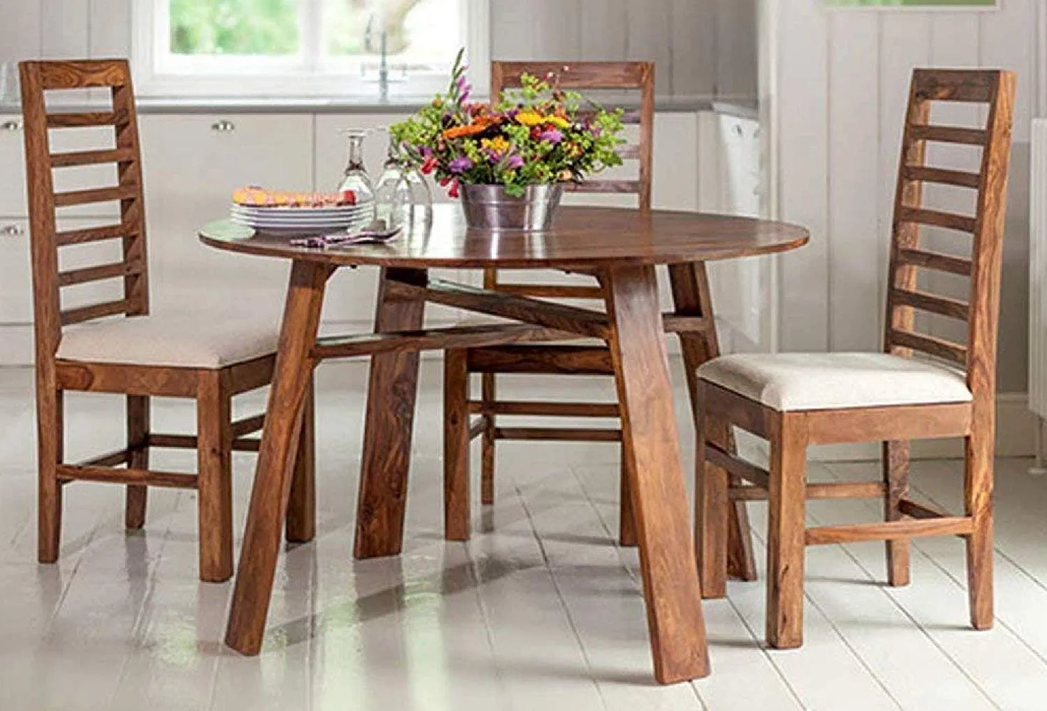 Furnifab Sheesham Wood 4 Seater Round Dining Table Set with Chairs for Living Room (Brown, Honey)