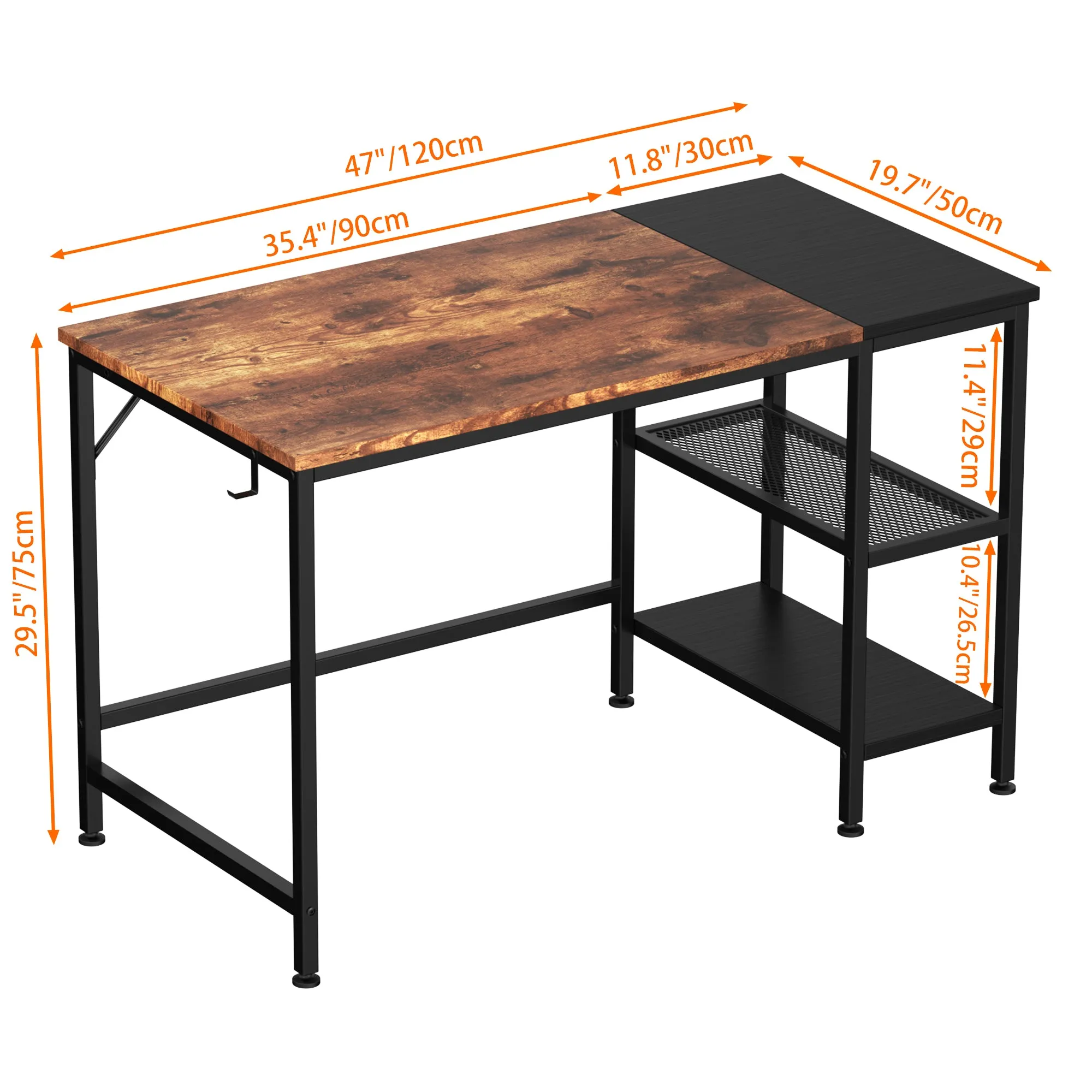 HOMIDEC Office Desk, Computer Desk With Bookshelf PC Study Writing Desk for Home Working with Storage Shelves, Desks & Workstations for Home Office Bedroom, 120x50x75cm