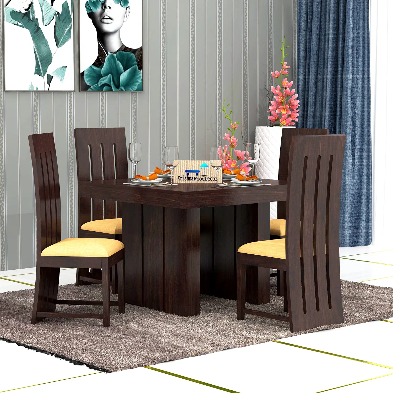 Krishna Wood Decor Sheesham Wood Dining Table 4 Seater | Wooden Dinning Room Furniture | 4 Chairs with Brown Cushion & Square Table | Dark Walnut Finish