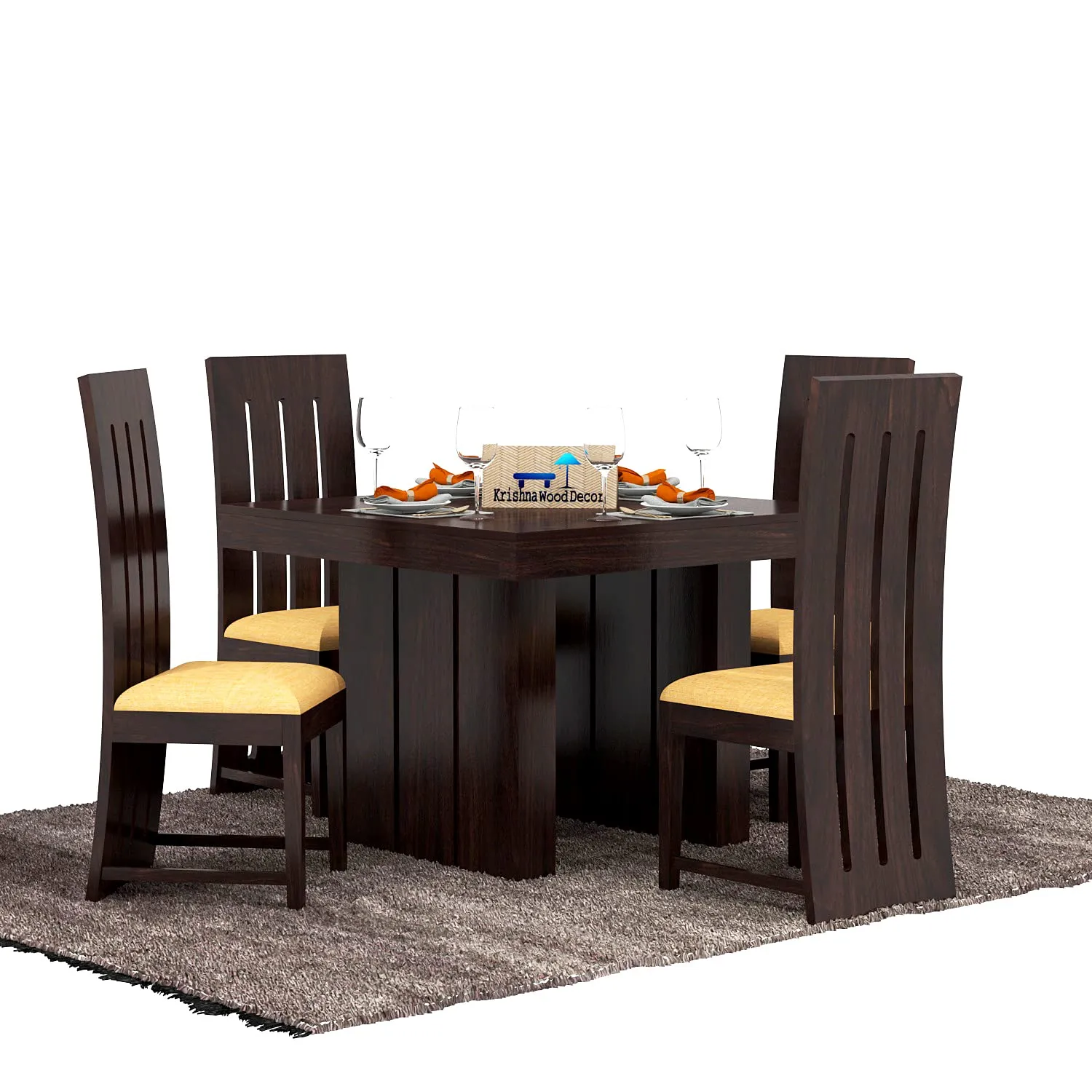 Krishna Wood Decor Sheesham Wood Dining Table 4 Seater | Wooden Dinning Room Furniture | 4 Chairs with Brown Cushion & Square Table | Dark Walnut Finish