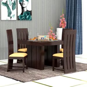 Krishna Wood Decor Sheesham Wood Dining Table 4 Seater | Wooden Dinning Room Furniture | 4 Chairs with Brown Cushion & Square Table | Dark Walnut Finish