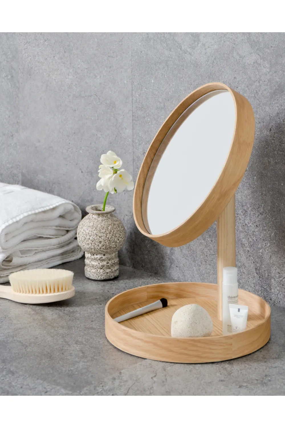Oak Magnifying Vanity Mirror with Storage Tray | Wireworks Look