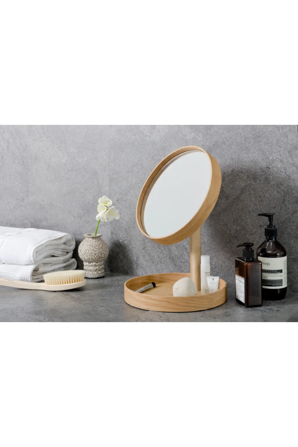 Oak Magnifying Vanity Mirror with Storage Tray | Wireworks Look
