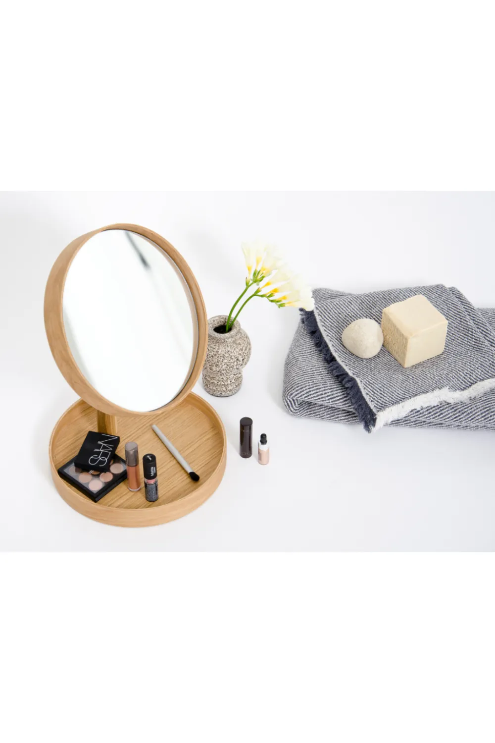 Oak Magnifying Vanity Mirror with Storage Tray | Wireworks Look