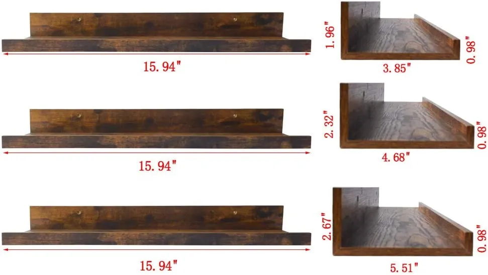 Set of 3 floating 16-inch wall shelves different sizes