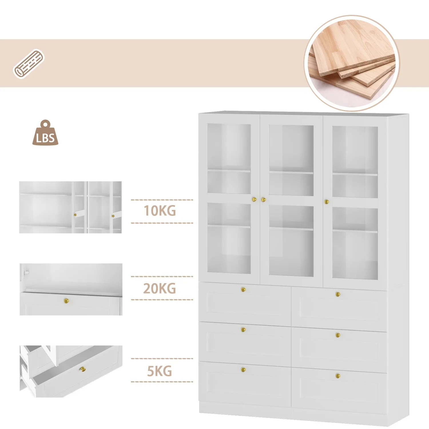 Tall Storage Cabinet with 6 Drawers Acrylic Glass Doors Floor Display Cabinet Bookcase with 3-Tiers Shelf