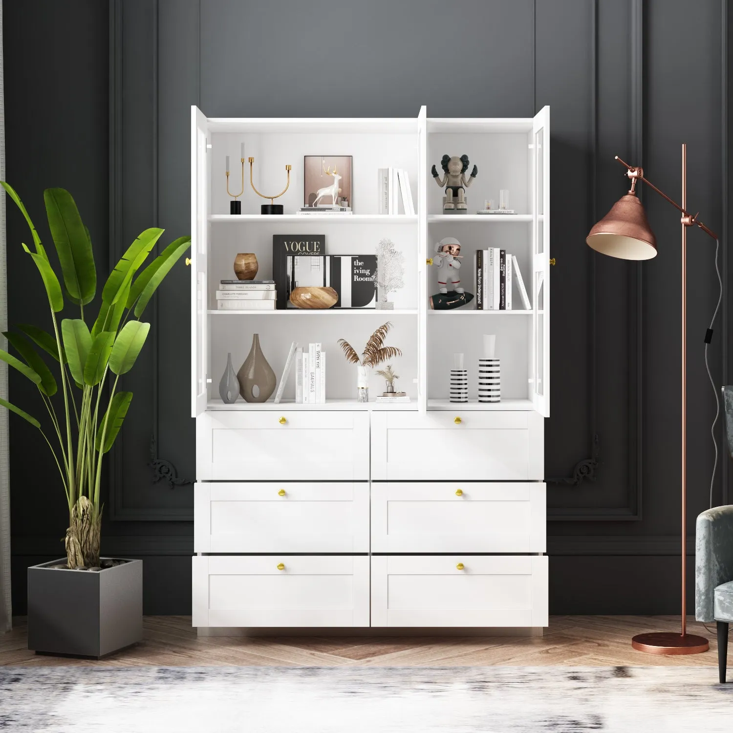 Tall Storage Cabinet with 6 Drawers Acrylic Glass Doors Floor Display Cabinet Bookcase with 3-Tiers Shelf