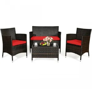 Very Elegant & Relaxing 4 Piece Outdoor Rattan / Wicker Sofa Patio Set With Heavy Duty Glass Coffee Table