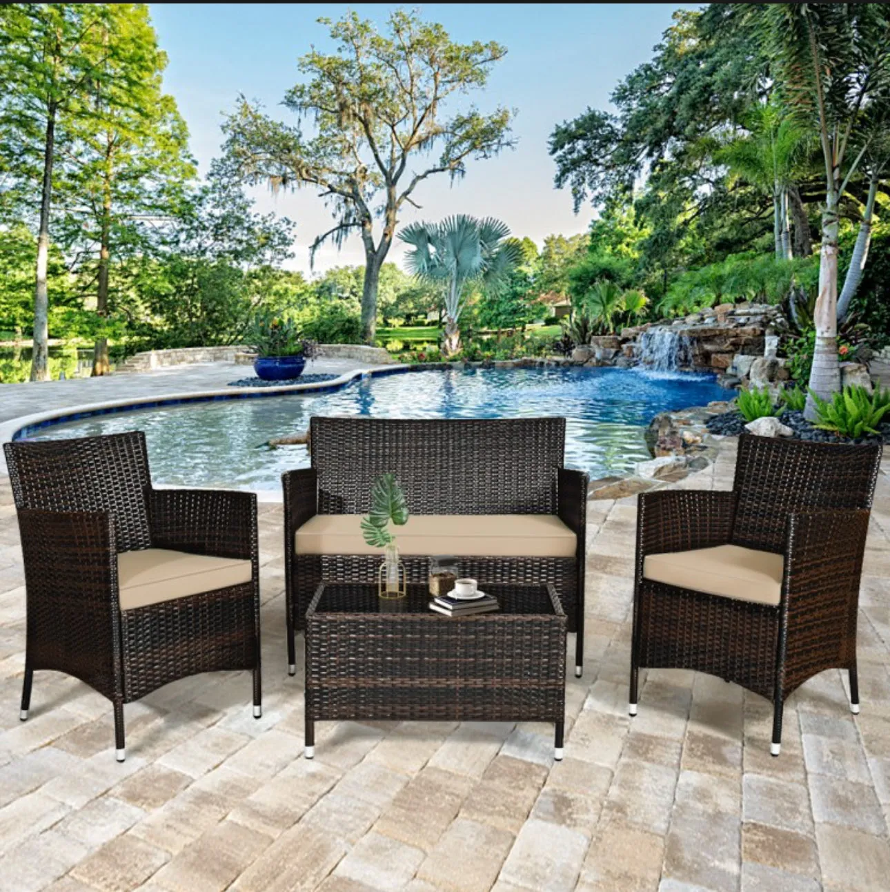 Very Elegant & Relaxing 4 Piece Outdoor Rattan / Wicker Sofa Patio Set With Heavy Duty Glass Coffee Table