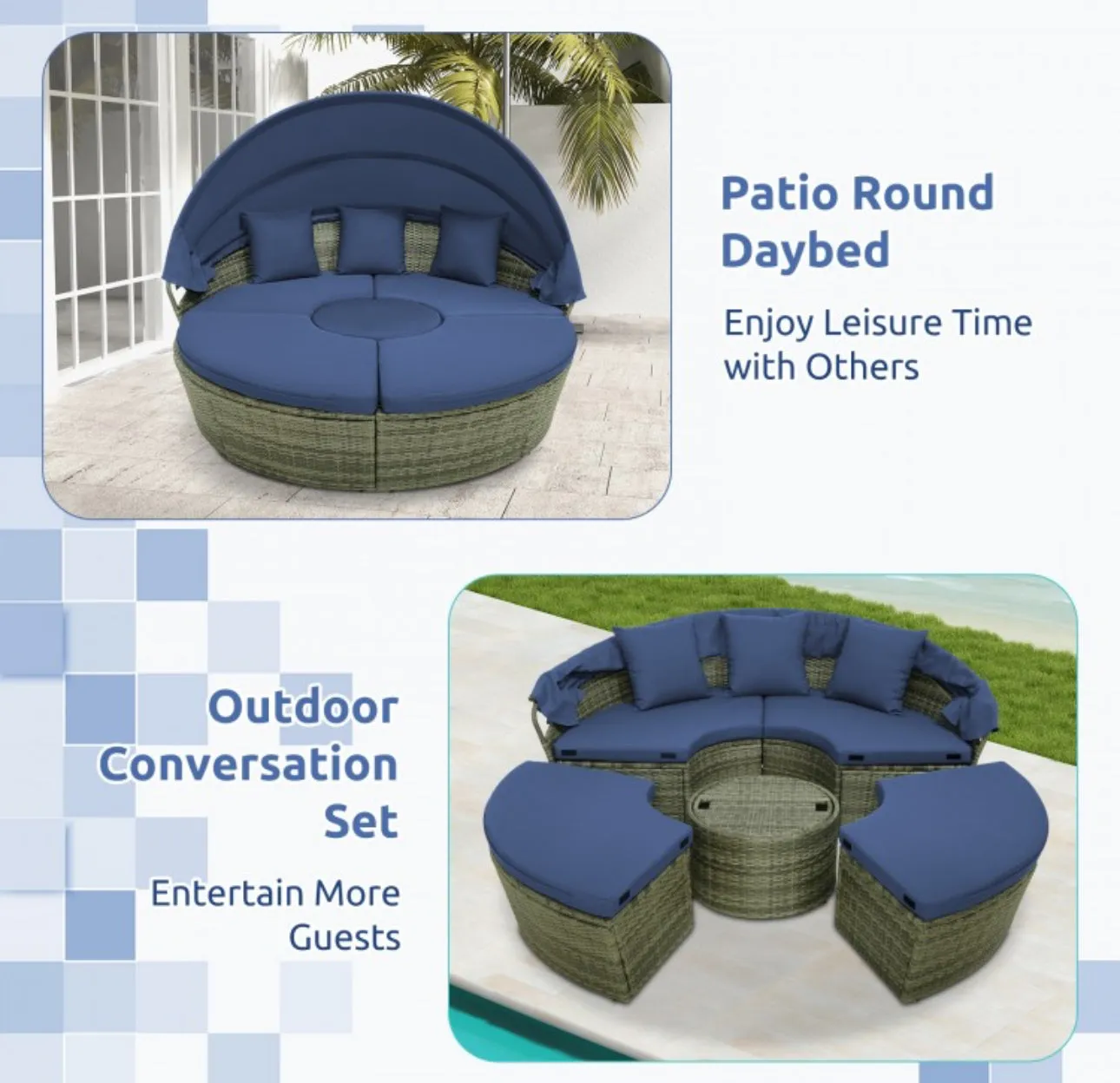 Very Relaxing Upgraded Heavy Duty Outdoor Patio Wicker Round Daybed With Retractable Canopy With Comfortable Upgraded Cushions