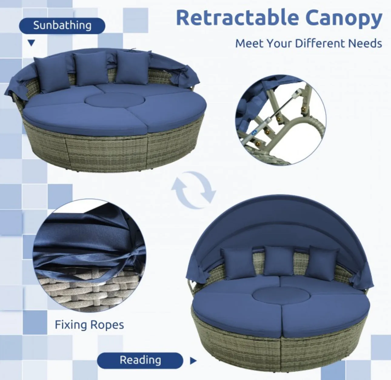 Very Relaxing Upgraded Heavy Duty Outdoor Patio Wicker Round Daybed With Retractable Canopy With Comfortable Upgraded Cushions