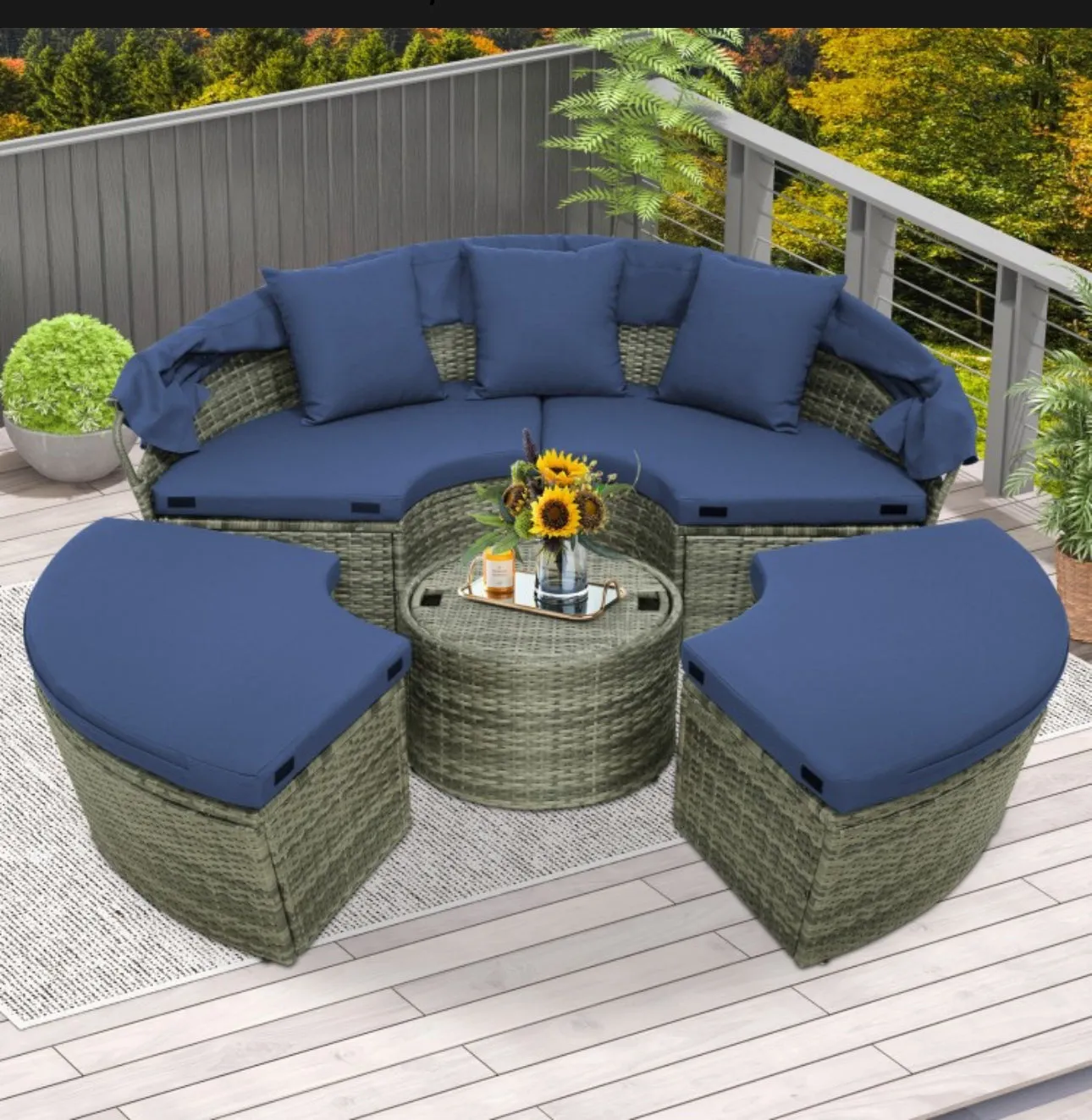 Very Relaxing Upgraded Heavy Duty Outdoor Patio Wicker Round Daybed With Retractable Canopy With Comfortable Upgraded Cushions