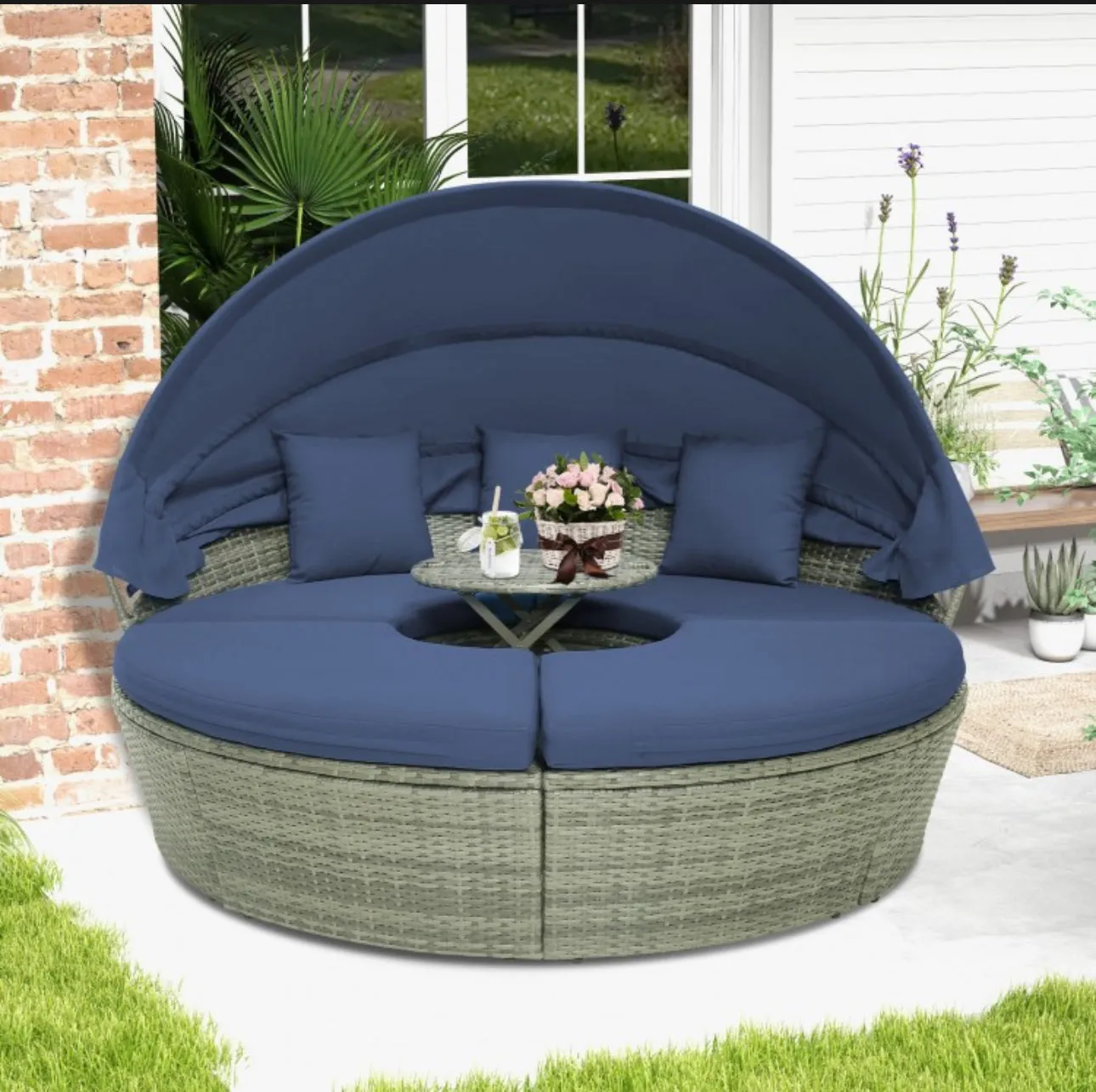 Very Relaxing Upgraded Heavy Duty Outdoor Patio Wicker Round Daybed With Retractable Canopy With Comfortable Upgraded Cushions