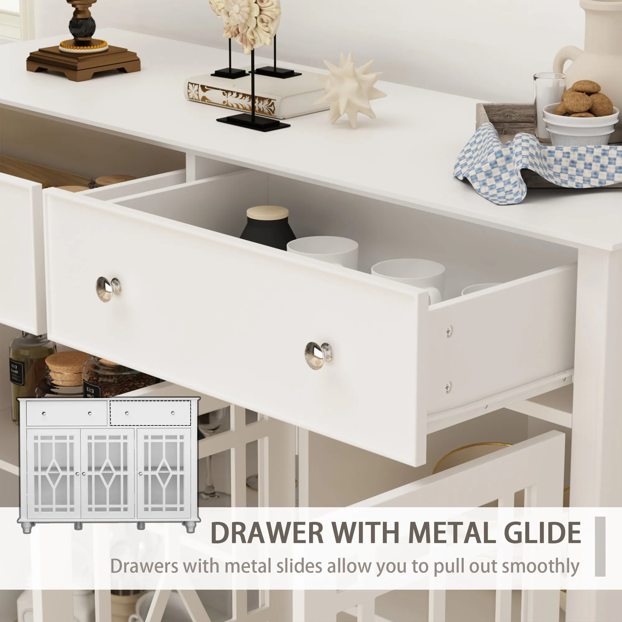 White Buffet Cabinet Storage Sideboard Organizer with Glass Doors